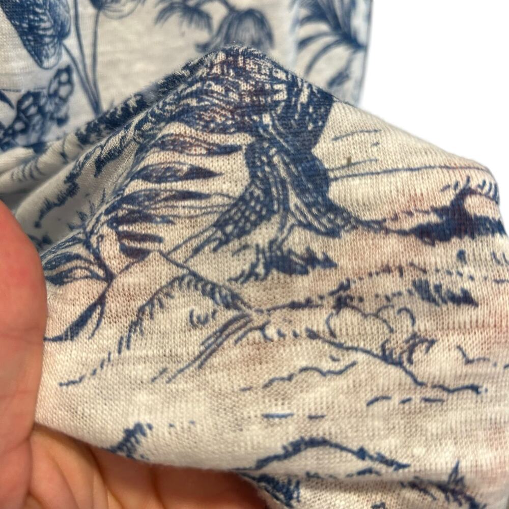 Blue White Linen Tropical Toile Print Cap Sleeve Top Coastal Grandmother S - Picture 8 of 13